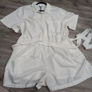 Ava & Viv Chic White Belted Romper Elastic Back Waist Side Pockets Plus Size 2X